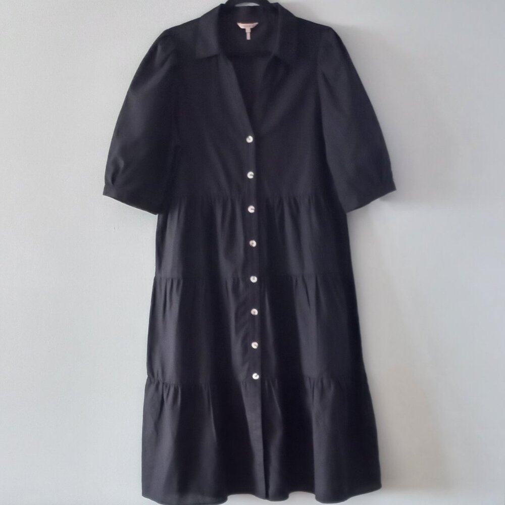 ESQUALO black cotton/linen tiered dress with puff sleeves